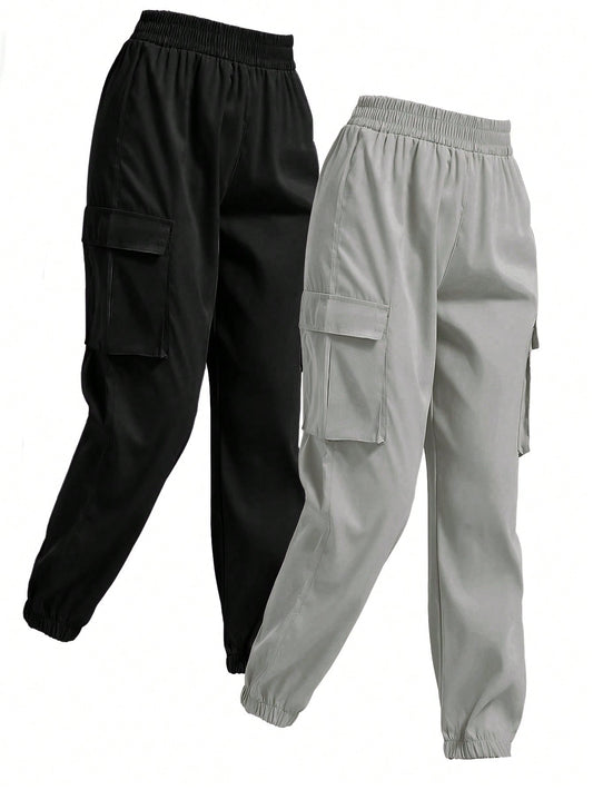 2pcs Elastic Waist Flip Pocket Jogger Cargo Pants