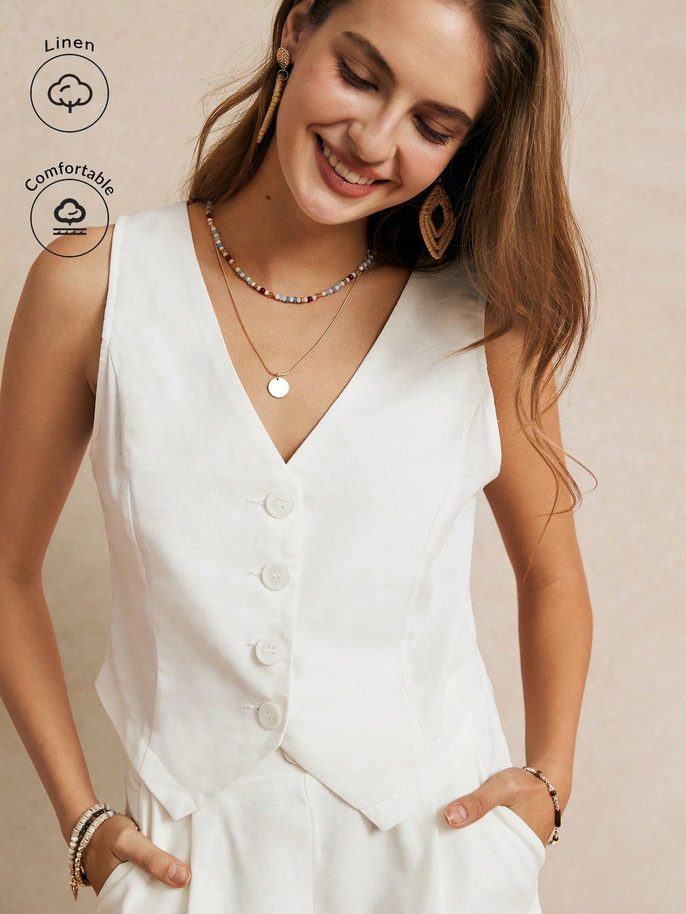 Frenchy Summer Vacation Wedding Season, Casual Boho Chic Solid Color Minimalist Draped V-Neck Sleeveless Blazer With Decorative Button Details, Elegant Romantic, Cute Top, Short Women Sets, White Essential, Summer Outfit, Wedding Season Essential, Cottage