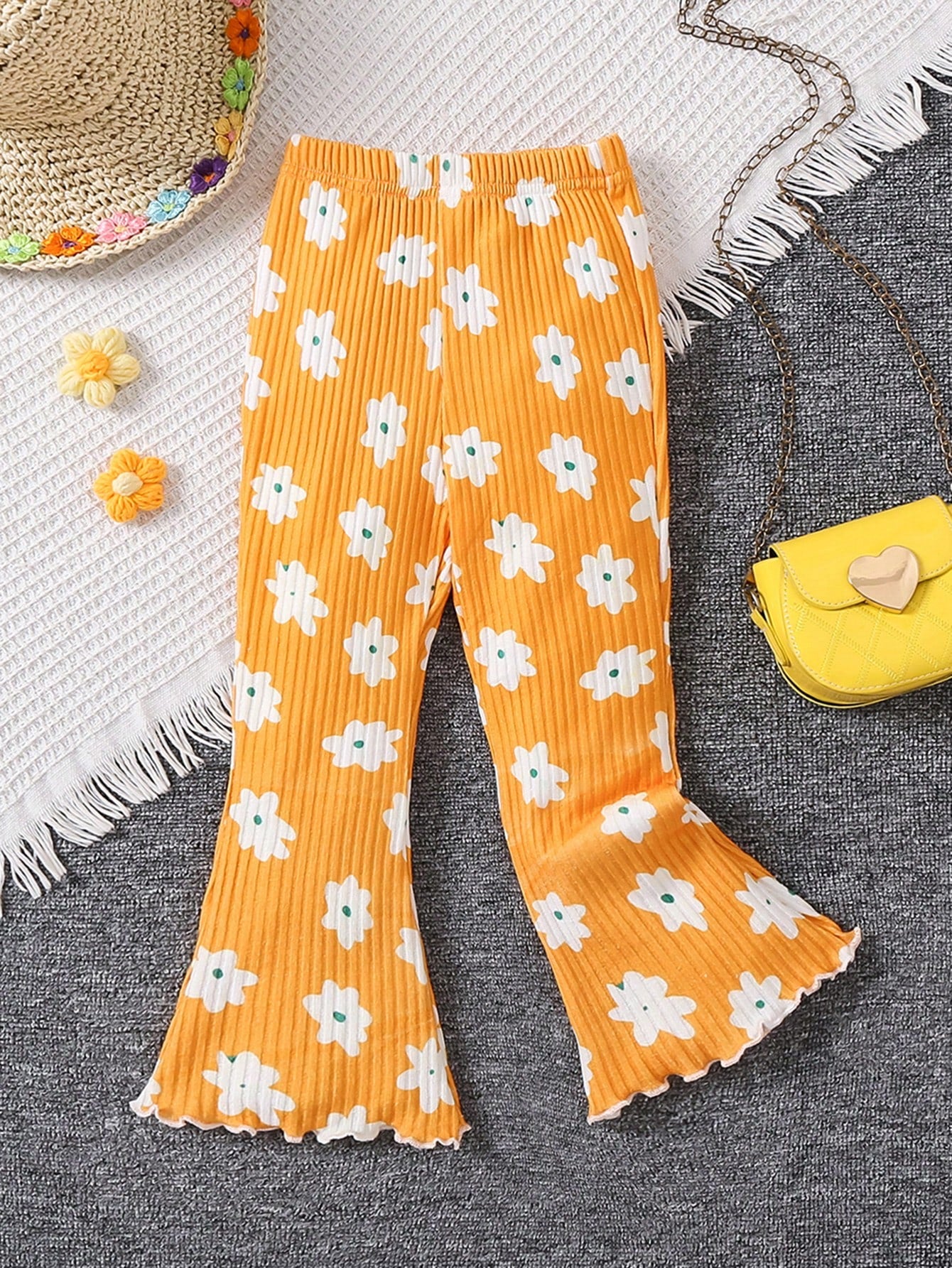 Young Girl Cartoon Flower Print Flare Pants