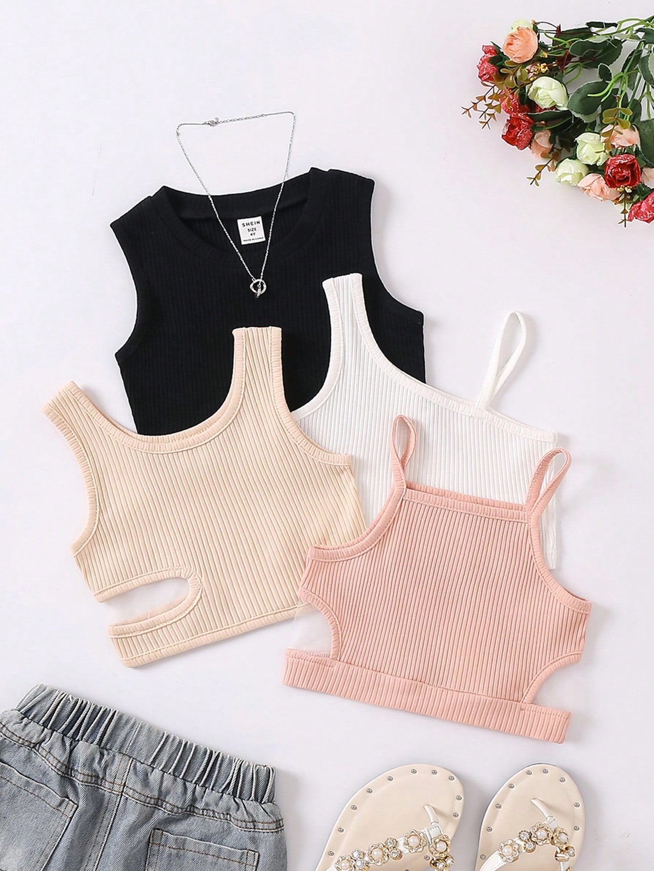 Young Girl 4pcs/Set Ladylike Solid Ribbed Knit Camisole Top For Summer