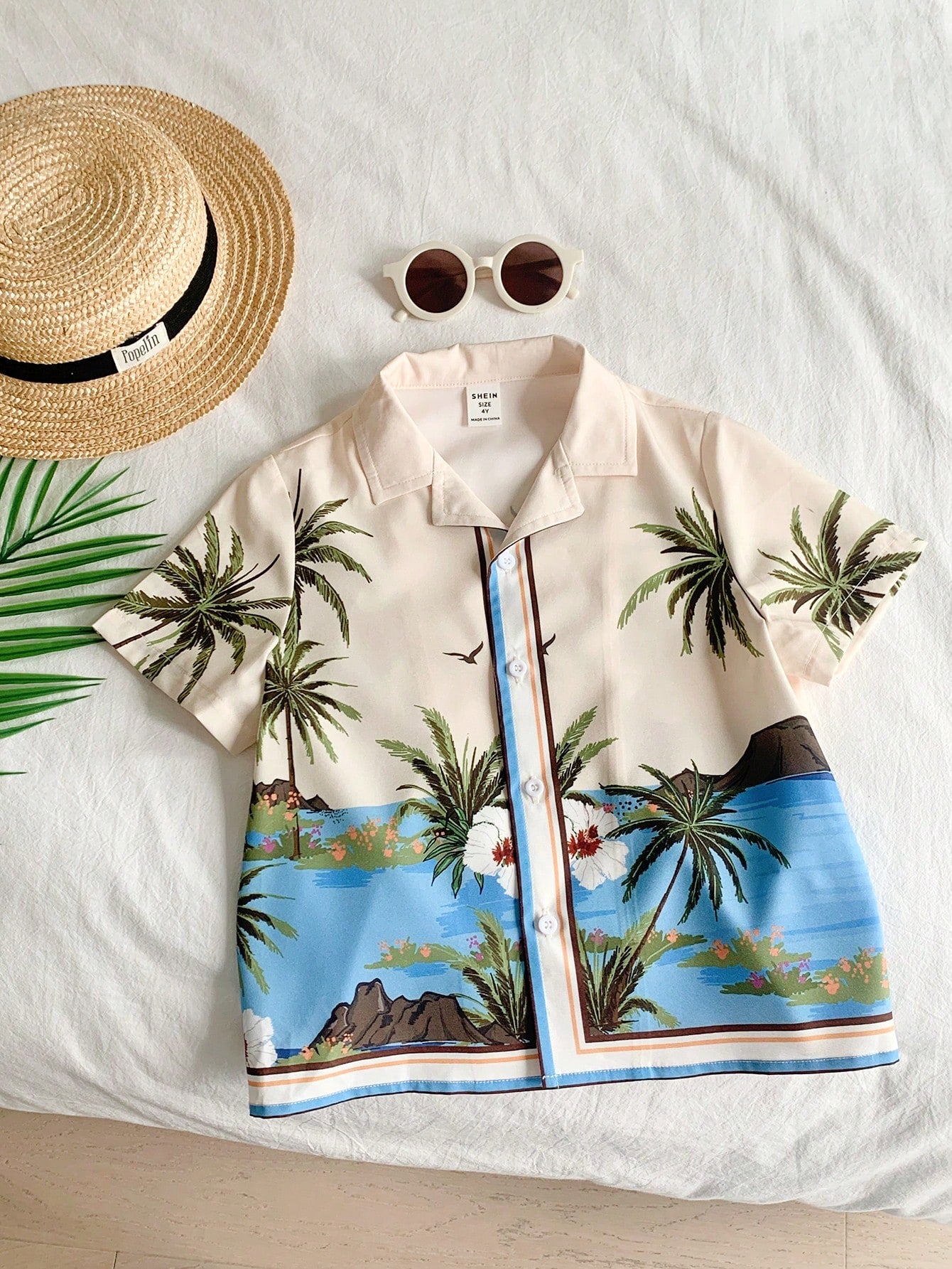 Young Boy 1pc Casual Printed Short Sleeve Shirt With Oceanic Tropical Plant Coconut Trees And Striped Print, Perfect For Beach, Daily, School, Travel And Sports, Suitable For Spring And Summer Seasons