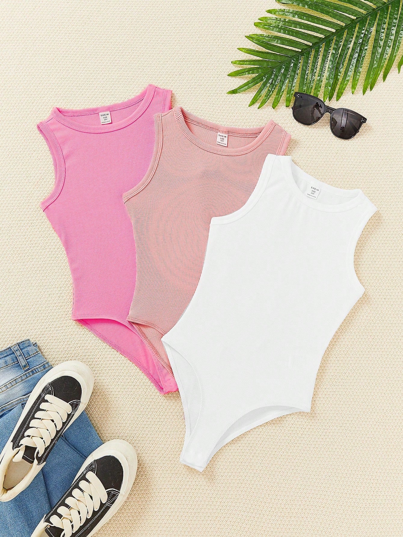 Tween Girl 3Pcs Knitted Monochromatic Round Neck Sleeveless Bodysuit Set