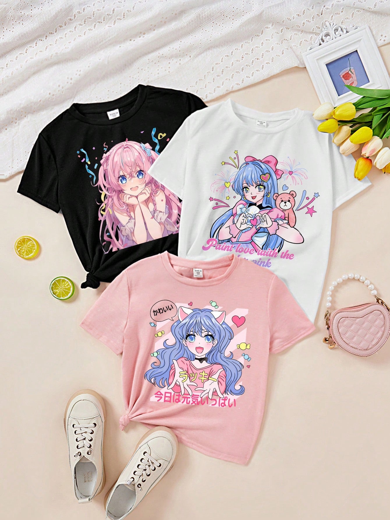 Tween Girl Set Of 3 Casual And Simple Cartoon Flower And Butterfly Pattern T-Shirts, Suitable For Summer