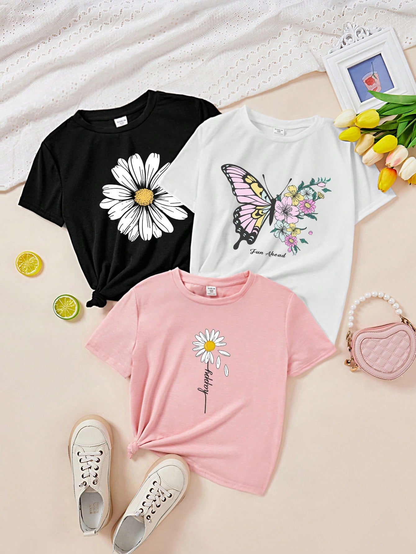 Tween Girl Set Of 3 Casual And Simple Cartoon Flower And Butterfly Pattern T-Shirts, Suitable For Summer