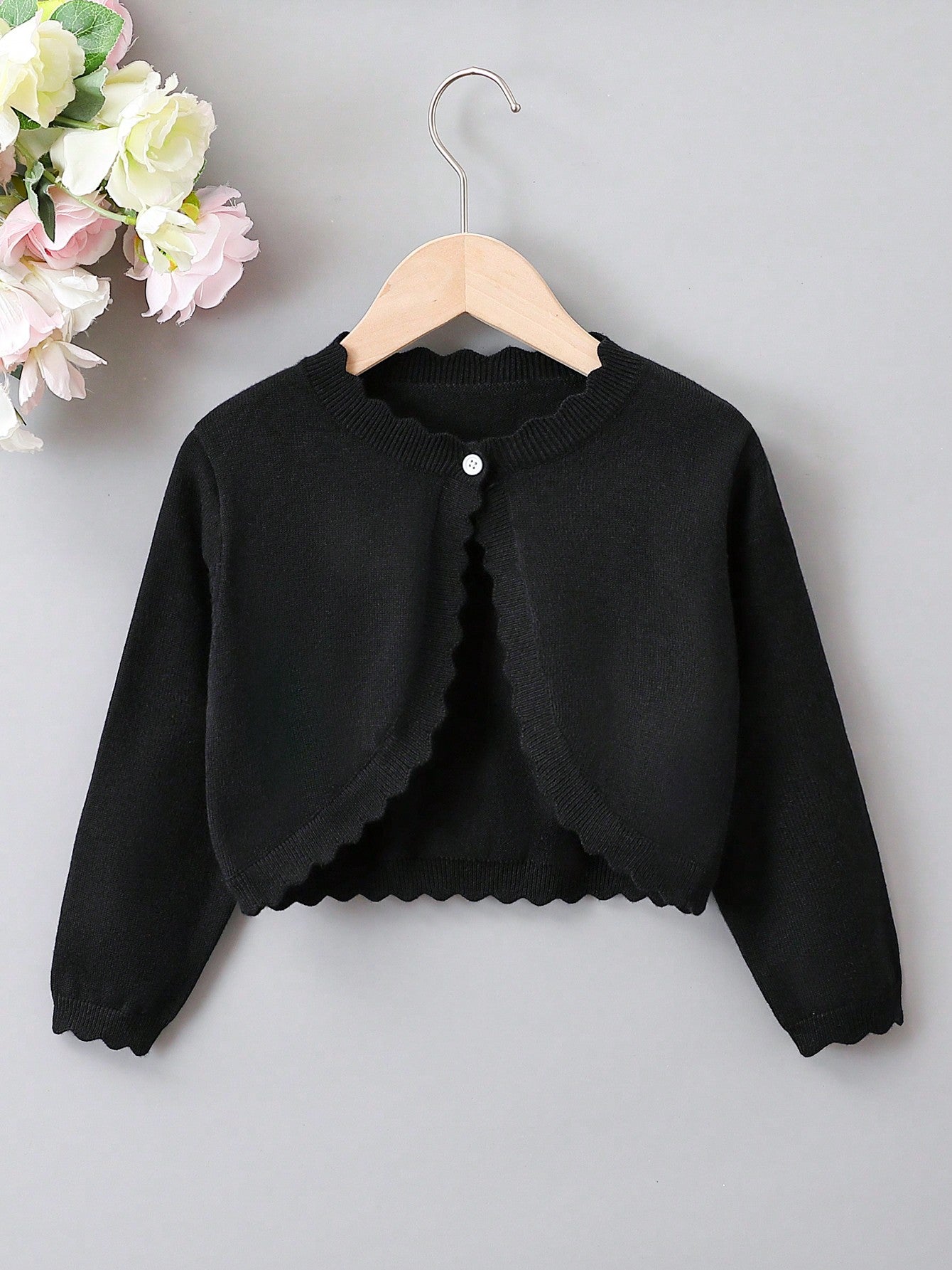 Young Girls Solid Scallop Trim Open Front Cardigan