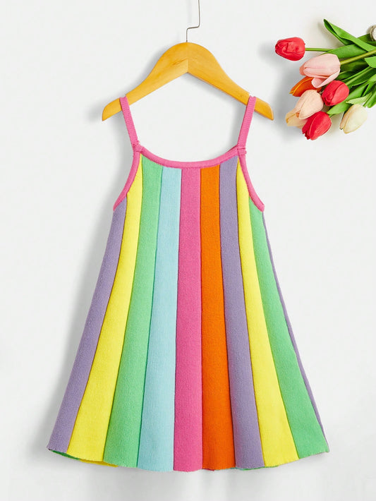 Young Girl Striped Color Block Rainbow Strapless Sweater Dress, Sleeveless Casual Beach Dress, Spring/Summer Long Dress, Fashionable, Elegant, Cute, Stylish, Leisure, Trendy, Versatile Style, Suitable For Autumn/Winter, Home, Travel And Vacation Occasions