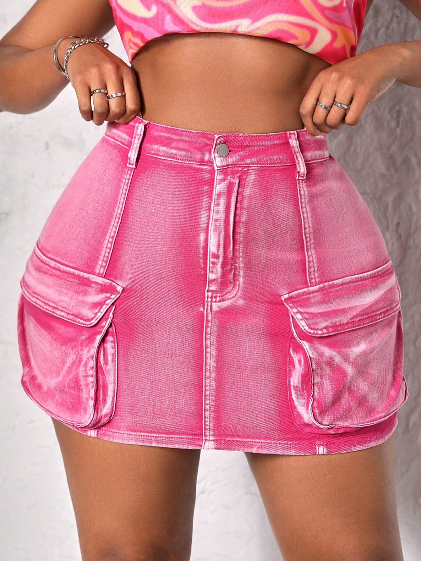 Plus Size Summer Water Washed And Distressed Slim Fit Mini Workwear Denim Skirt