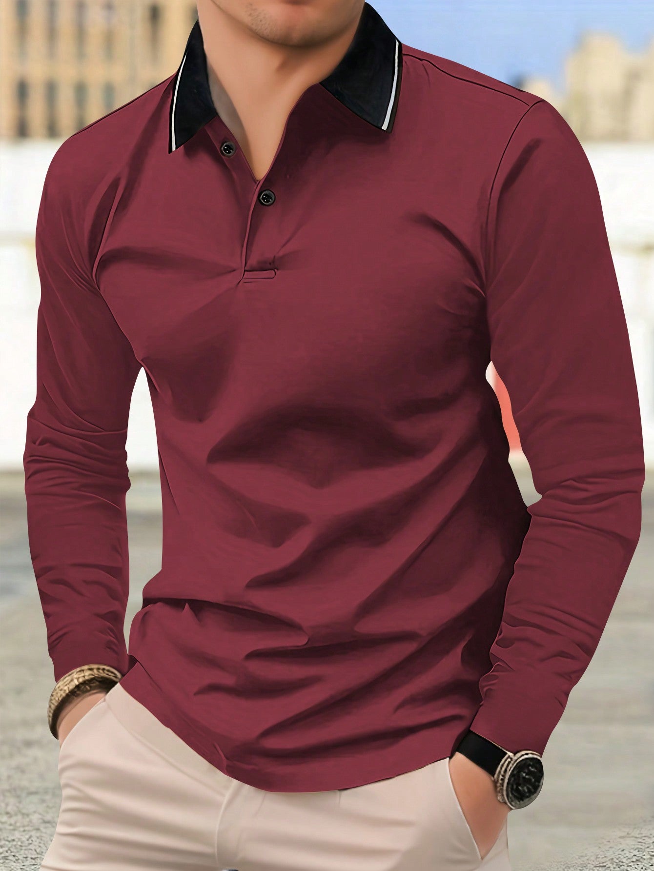 Men's Polo Collar Long Sleeve T-shirt, New Spring And Autumn Style, Polo Collar, All-match, Vintage Paul Shirt, Simple Style, Trendy, Original Design, Business, Fashion, Solid Color, Basic Top, Men's Sports And Casual Loose Fit, Vacation, Wrinkle-resistan