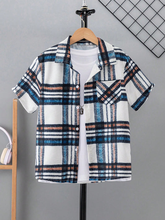 Tween Boy Summer Casual Plaid Printed Patch Pocket Short Sleeve Shirt