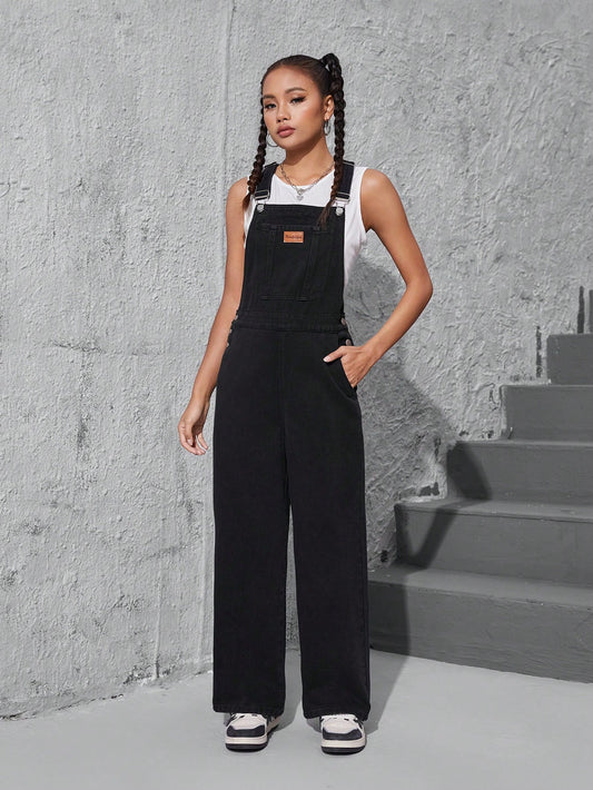 Teen Girl Basic Washed Black Leather Patchwork Bib Jeans With Adjustable Straps And Straight Leg, Casual College Style