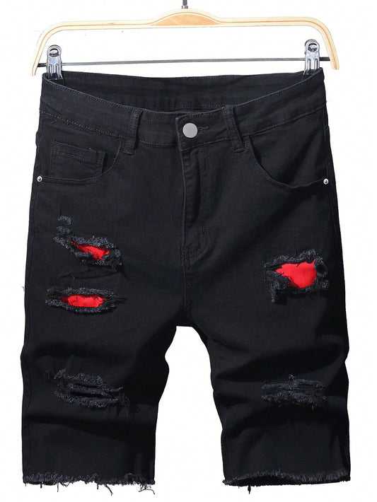 Men Plus Size Contrast Color Distressed Frayed Edge Design Denim Shorts