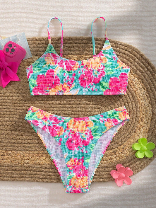 Swim Mod Women Summer Beach Fashionable Vacation Style Flower Print Bikini Swimwear Set