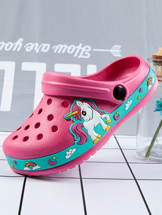 Kid Cute Cartoon Unicorn Perforated Shoes, Summer Beach Vacation Outdoor Swimming Pool Slip-On Sandals, Anti-Slip Closed Toe Hollow Hole Shoes In Pink For Girls