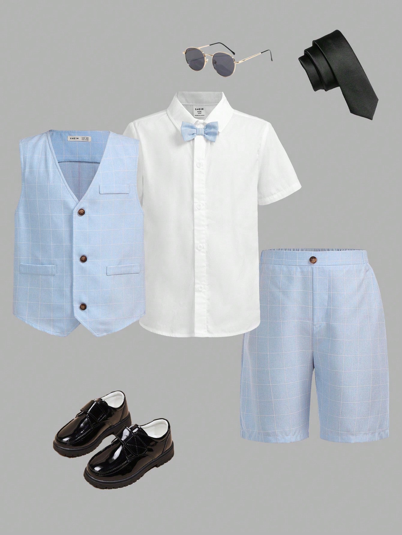 3pcs/Set Tween Boys' Preppy Style Collared Bow Tie Shirt, Plaid Vest, And Shorts Gentleman Outfit