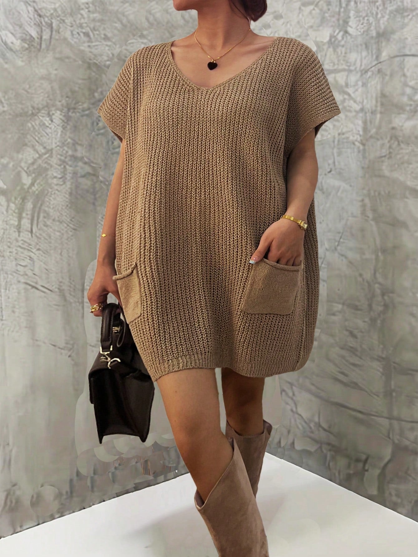 Ladies Solid Color Simple Daily Plus Size Sweater Dress