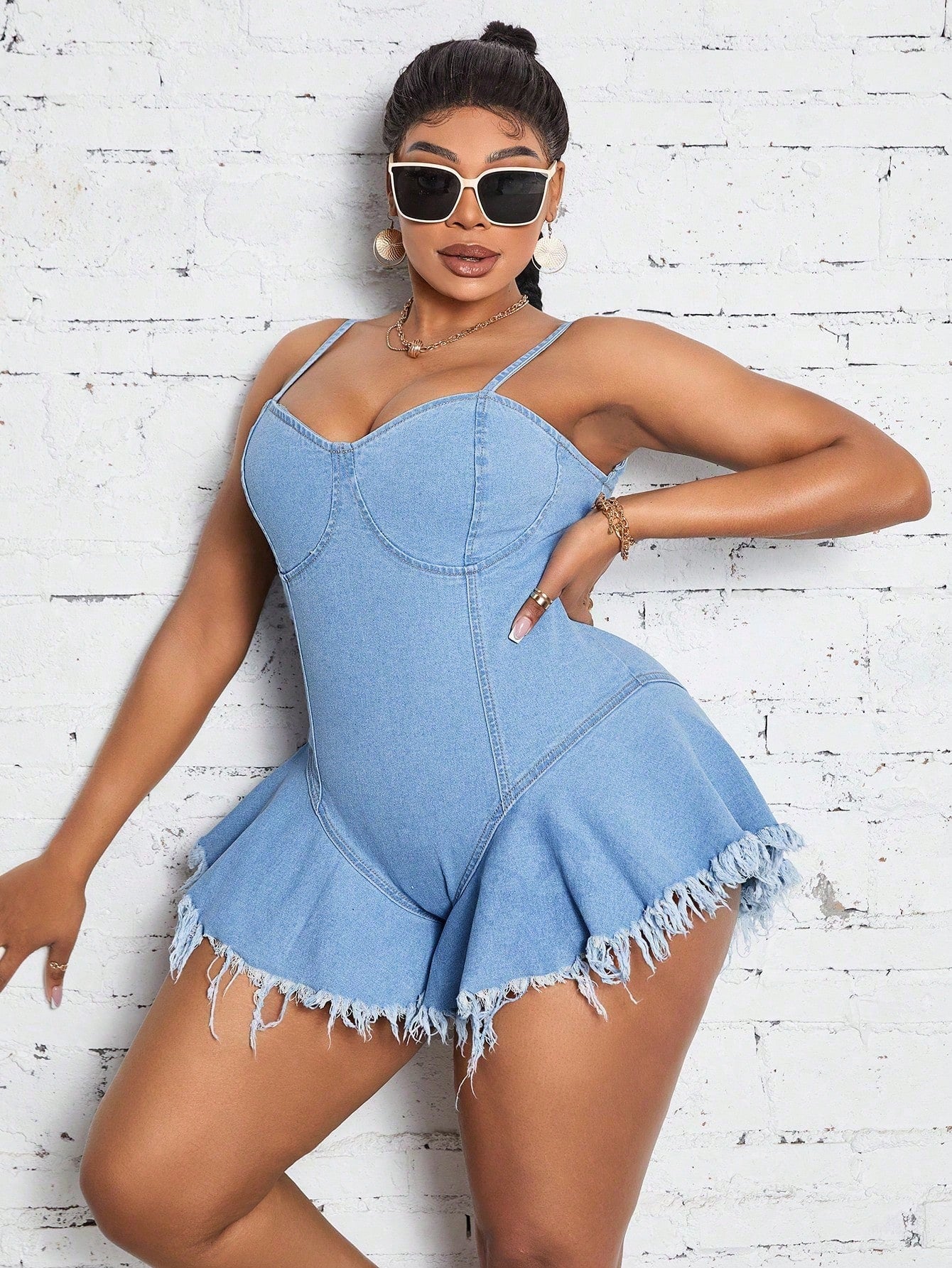 Plus Size Denim Jumpsuit With Ruffle Hem And Frayed Edge For Daily Wear