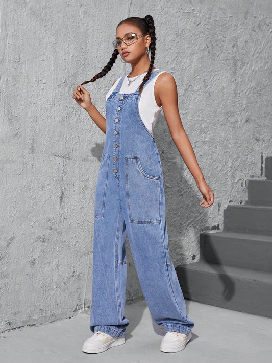 Teen Girl Basic Casual Daily Wear Mid-Blue Retro Washed Loose Straight Button Front Denim Overalls