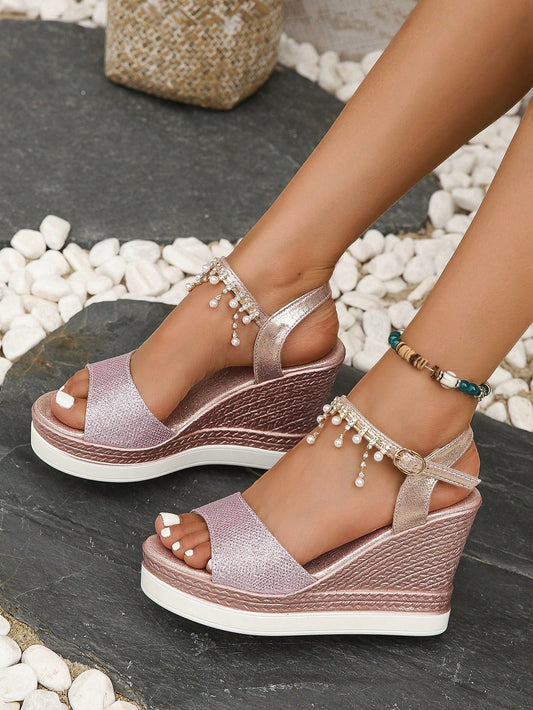 Women Wedge Thick-Soled Sandals 2024 Summer New Thick-Soled Sponge Diamond Waterproof High-Heeled Roman Shoes, Plus Size And Versatile