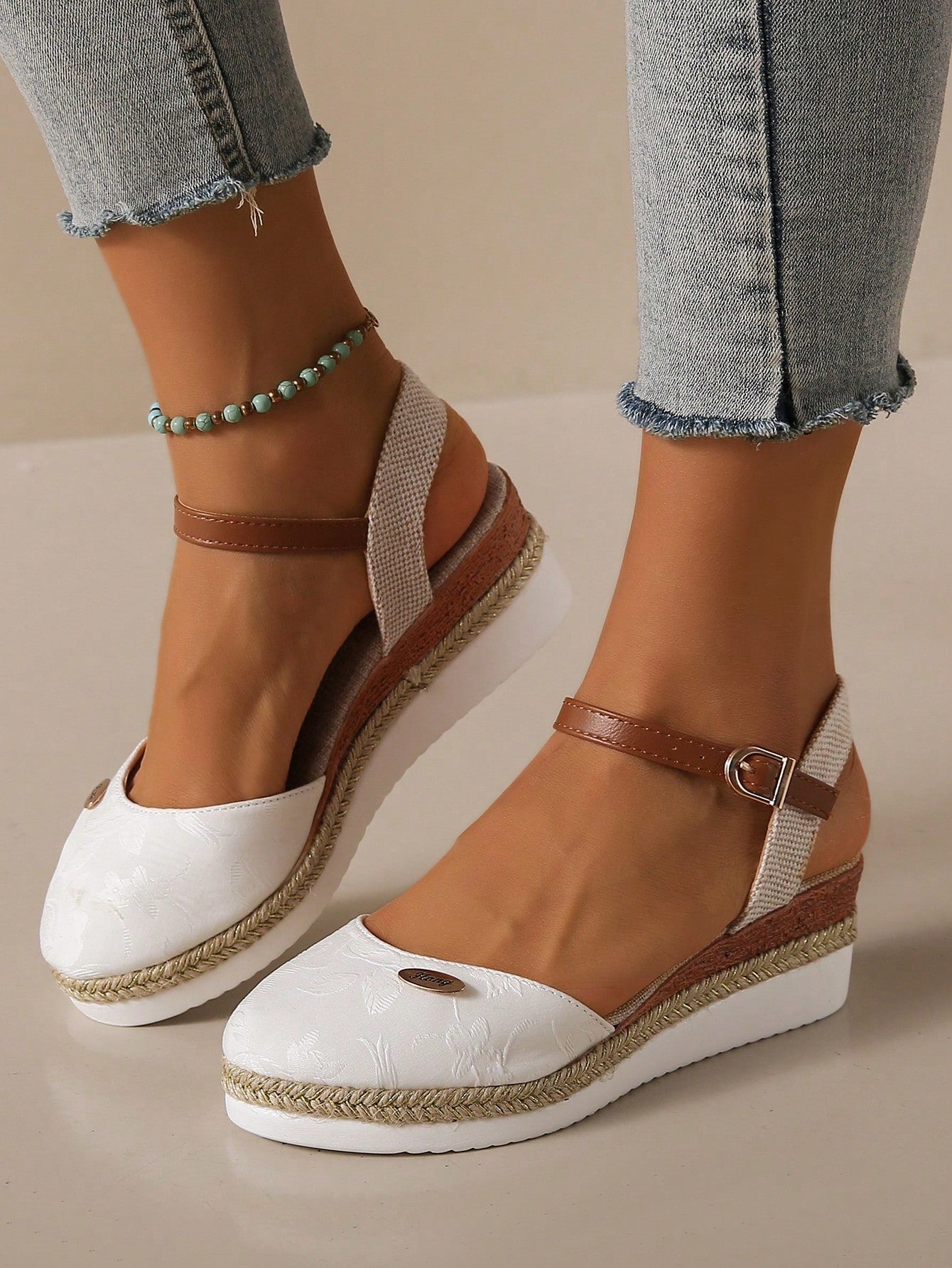 Women Sandals Summer New Casual Comfortable Wedges Thick Soles Lightweight Shoes Closed Toe One-Button Embroidered Cloth Retro Female Shoes Women Sandals