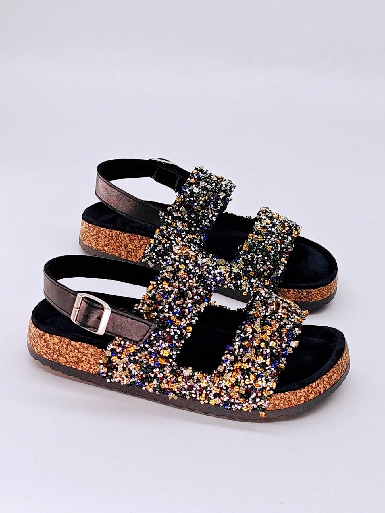 New Faux Cork Double Strap Slippers With Diamante Glitter, Soft & Cushioned