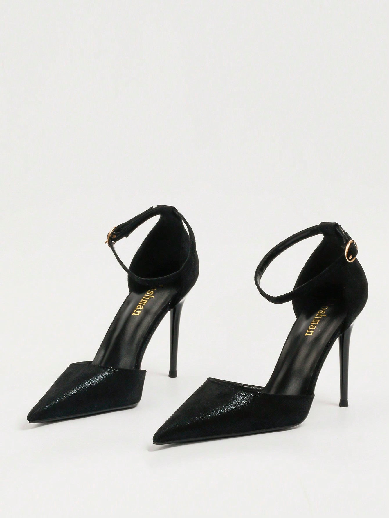 Point Toe Ankle Strap Pumps, Black Elegant Solid Color Women's High Heel Shoes