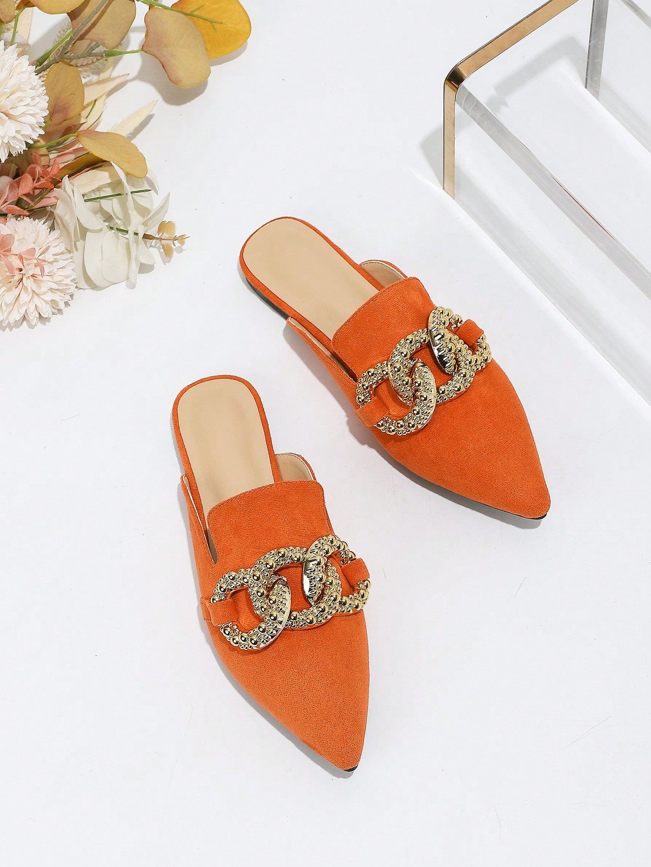 Women's Elegant Pointed Toe Red Velvet Mule Slippers With Large Metal Buckle And Circle Decoration On Low Heels