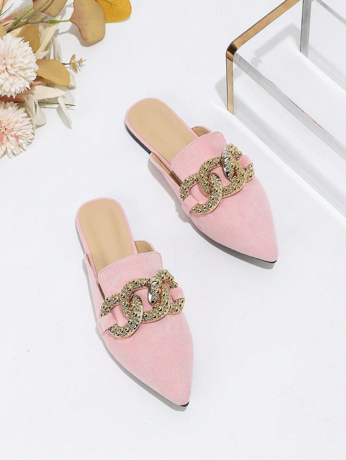 Women Elegant Spring/Summer Flat Pointed Toe Light Pink Suede Mule Sandals With Large Metal Ring Buckle Decoration