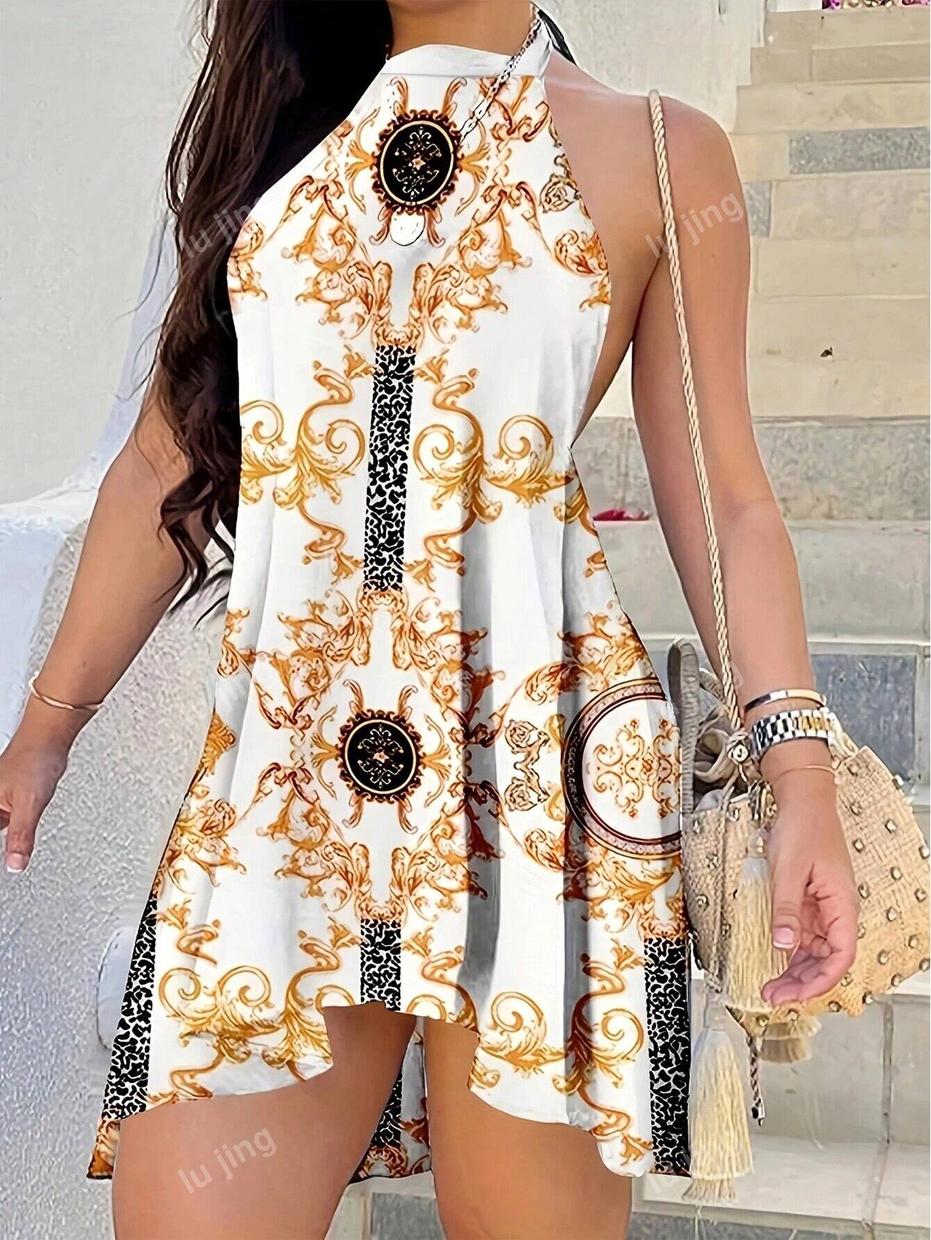 Women Backless Halter Printed Dress, Summer New Holiday Casual A-Line Dress