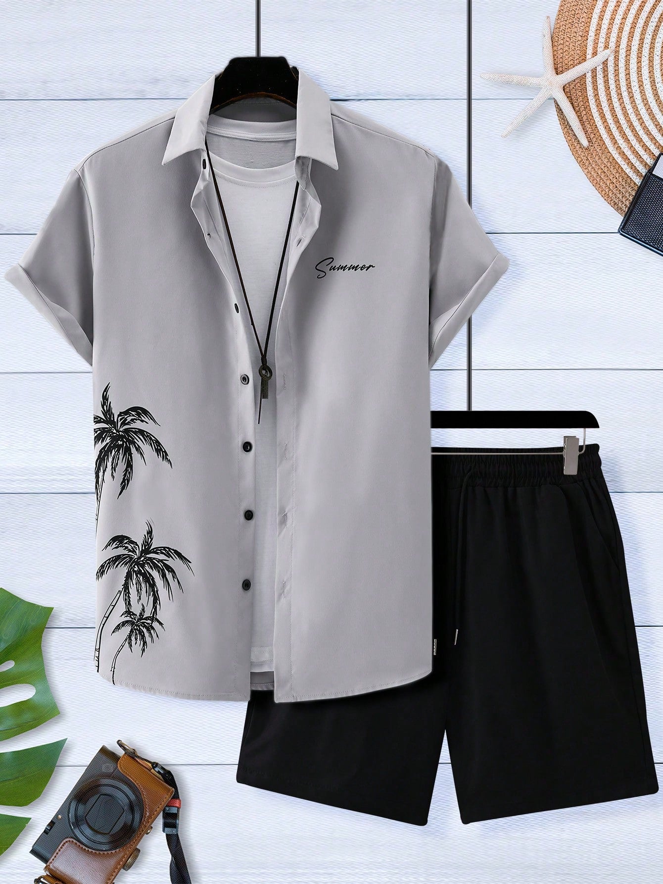 Men's Tropical Letter Print Shirt & Shorts Set