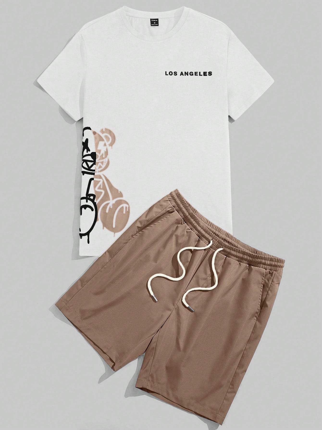 Men Bear & Letter Graphic Tee & Drawstring Waist Shorts