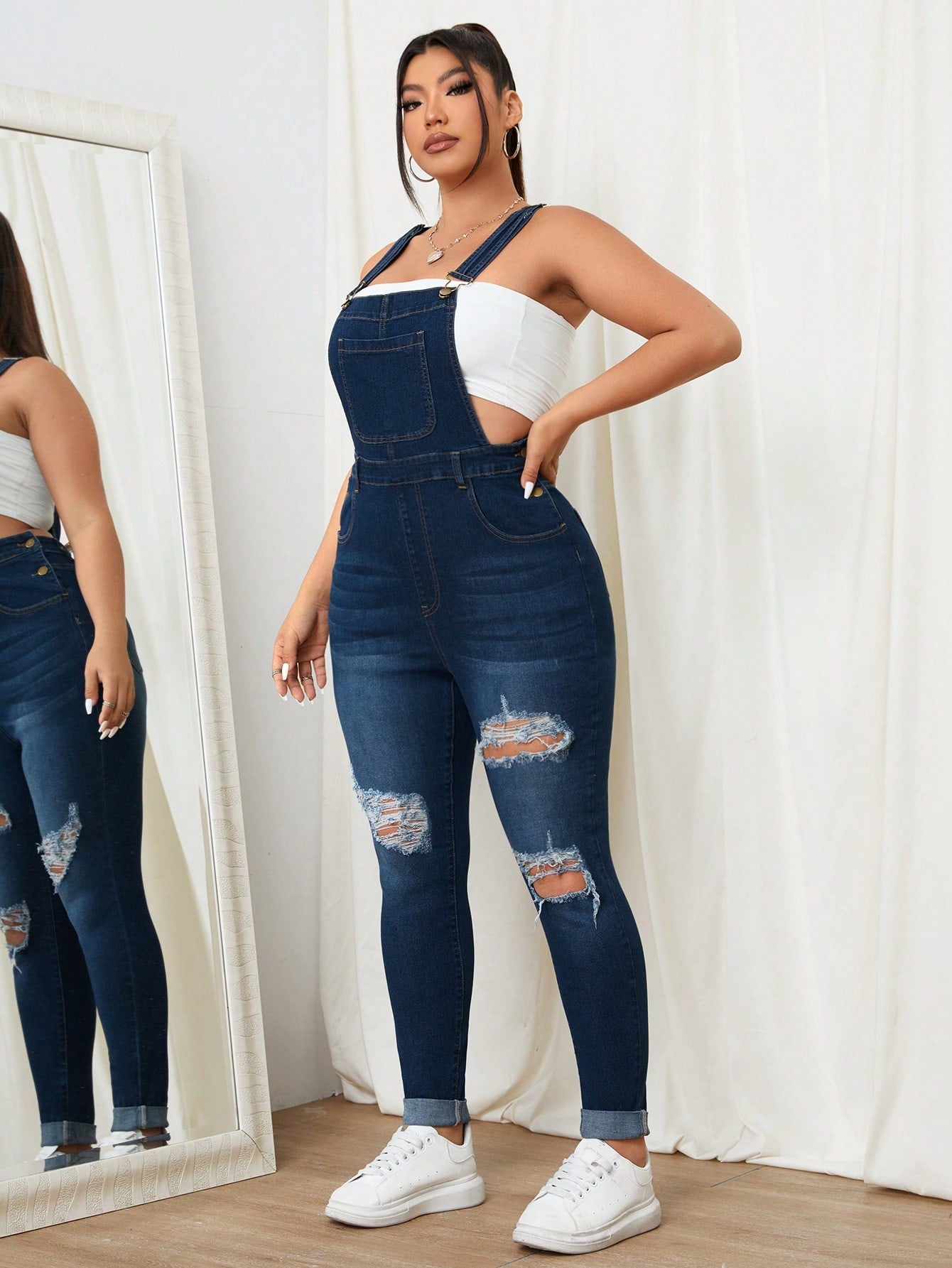 Plus Size Spring/Summer Skinny Ripped Denim Overalls