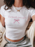 Women Summer Slogan Bow Detail-Knot Print Round Neck Short Sleeve Casual T-Shirt I'm Literally Just A Girl