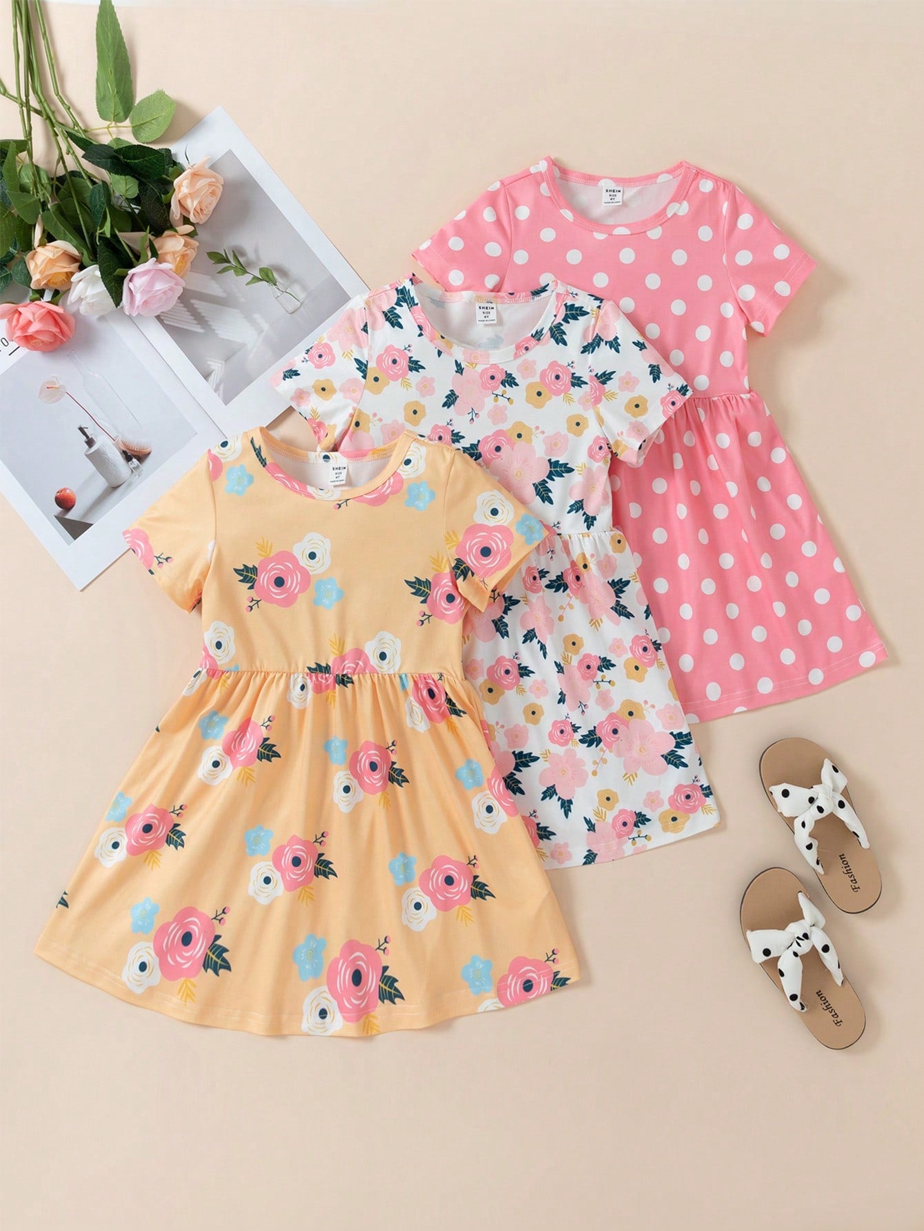 Young Girls Floral & Polka Dot Print    3-Piece Summer Dress Set