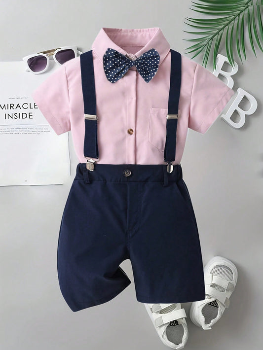 Young Boys' Yellow Casual Short-Sleeved Shirt With Polka Dot Necktie, Blue Short Overalls Four Piece Set, Children Formal Suit, Gentleman Suit