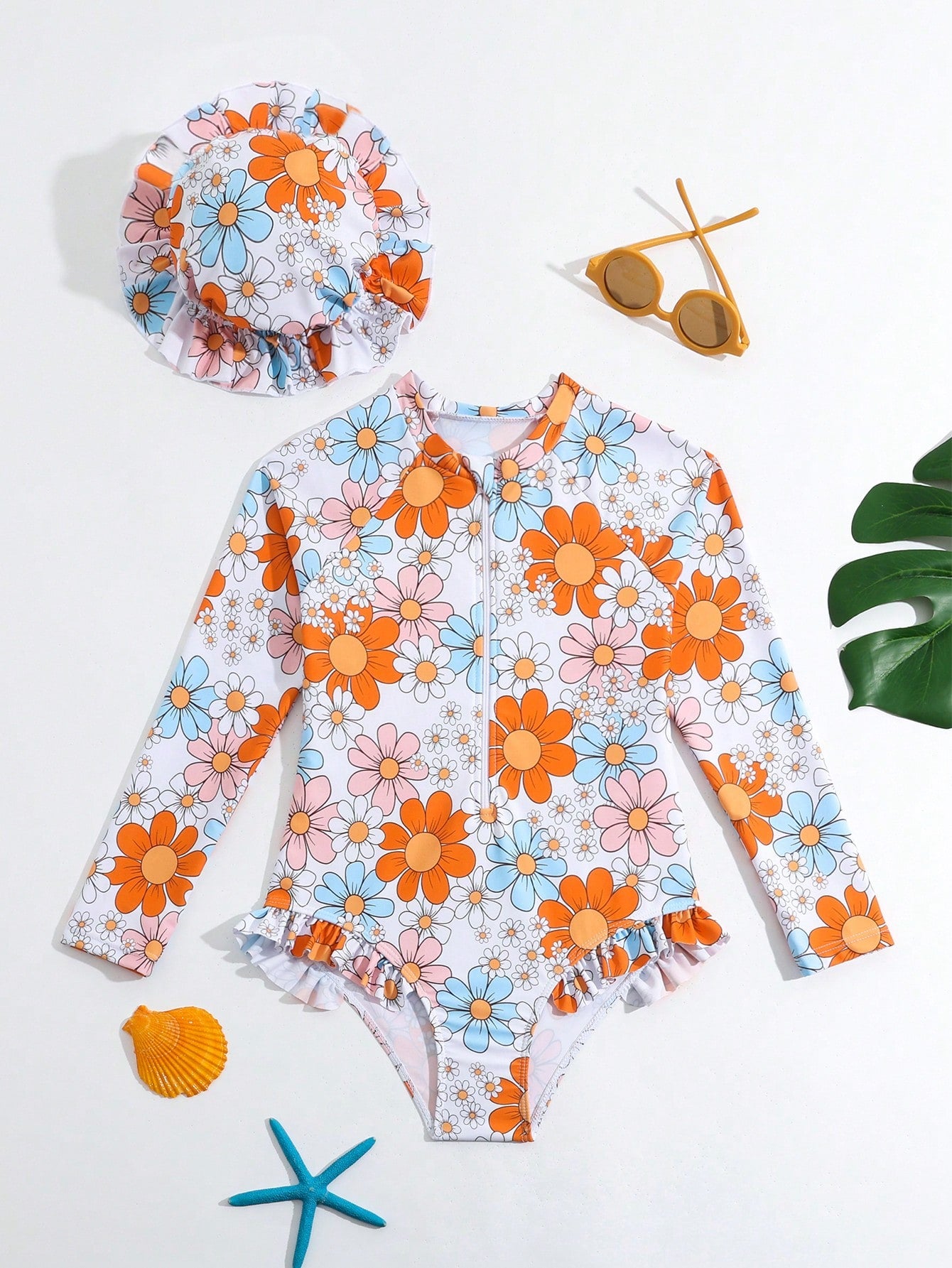 Young Girl Floral Printed One-Piece Swimsuit With Zipper