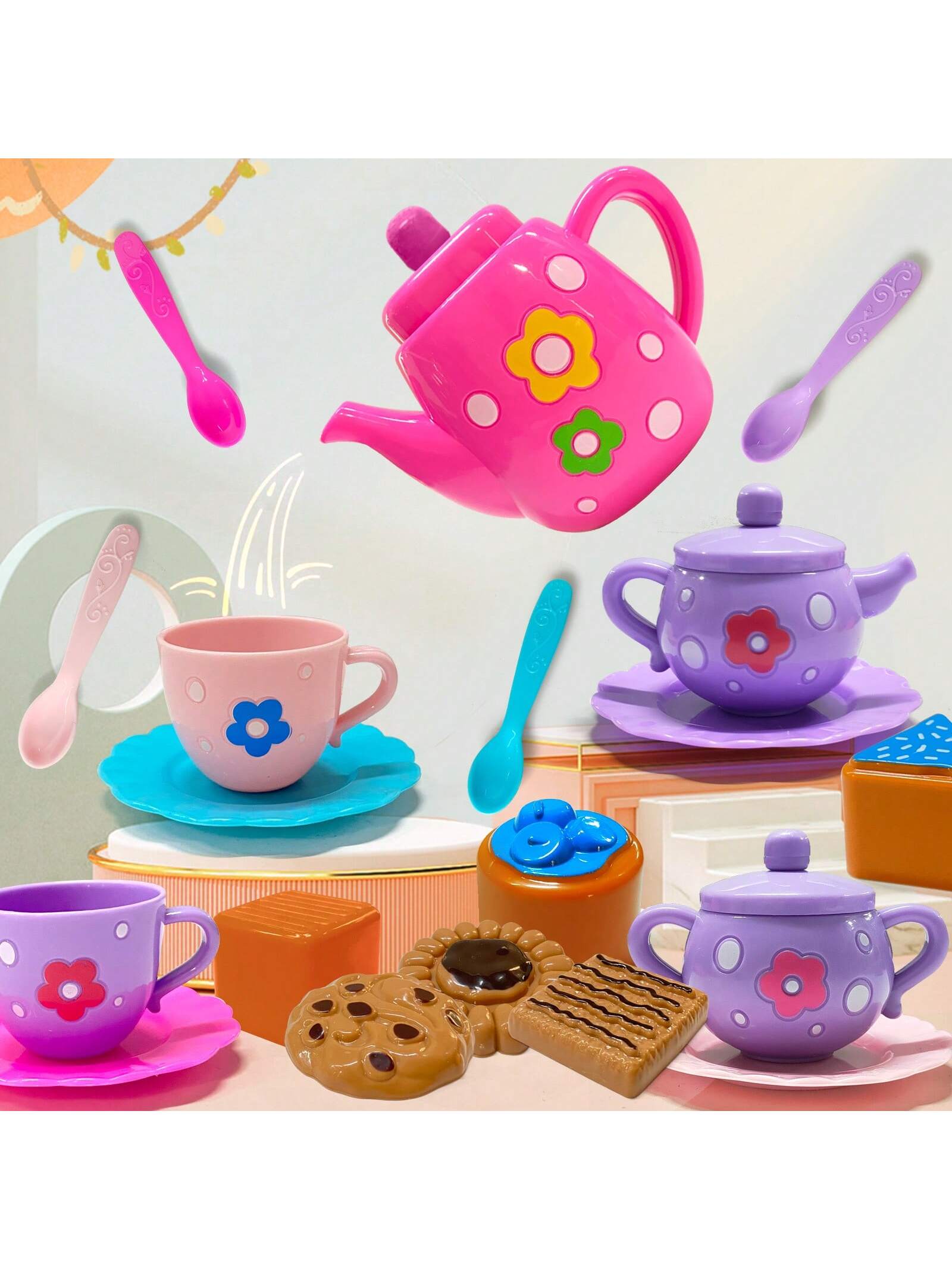 Tea Set For Little Girls, Tea Party Set, Tea Set For Toddlers Including Kettle, Cookies, Kids Play Food, Tea Party Accessories Toy For Toddlers, Boys Girls Gifts