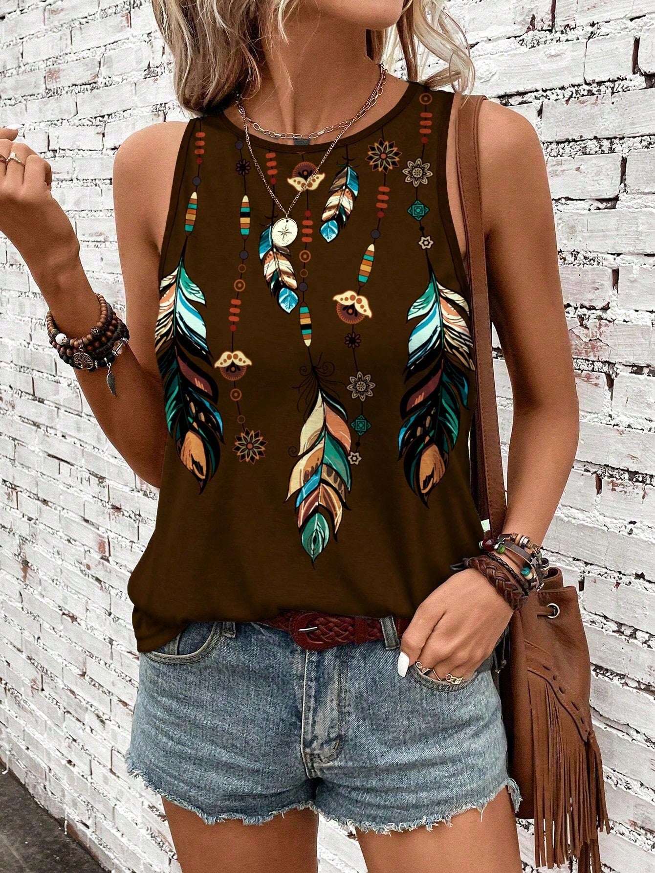 Women's Vacation Casual Feather Printed Jumpsuit