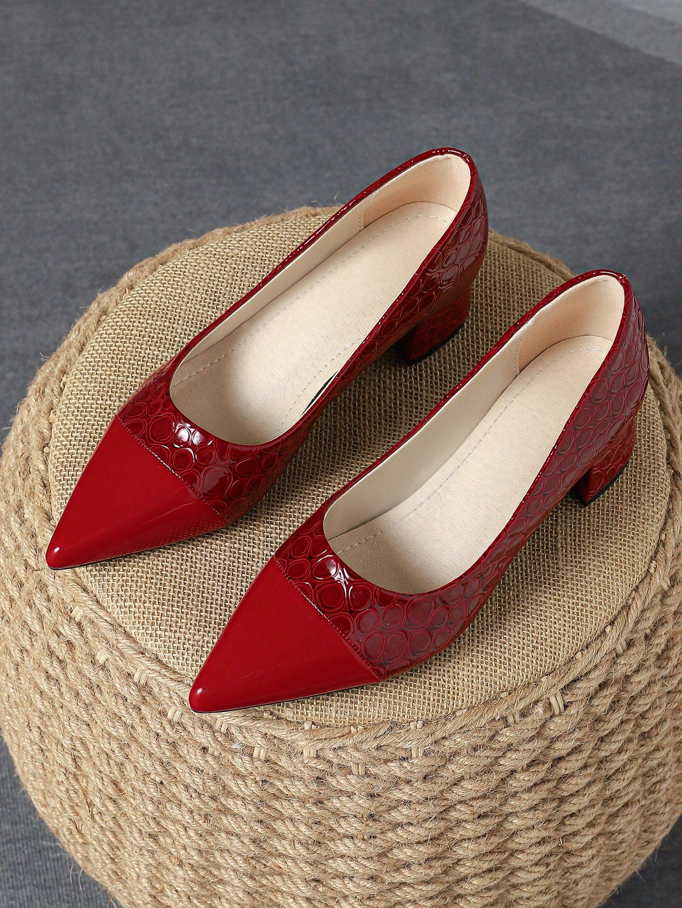 Women's Pointed Toe Red Stone Pattern 4cm Heels, Thick Green Pumps, Autumn Navy Blue Shallow Mouth High-End Casual Shoes