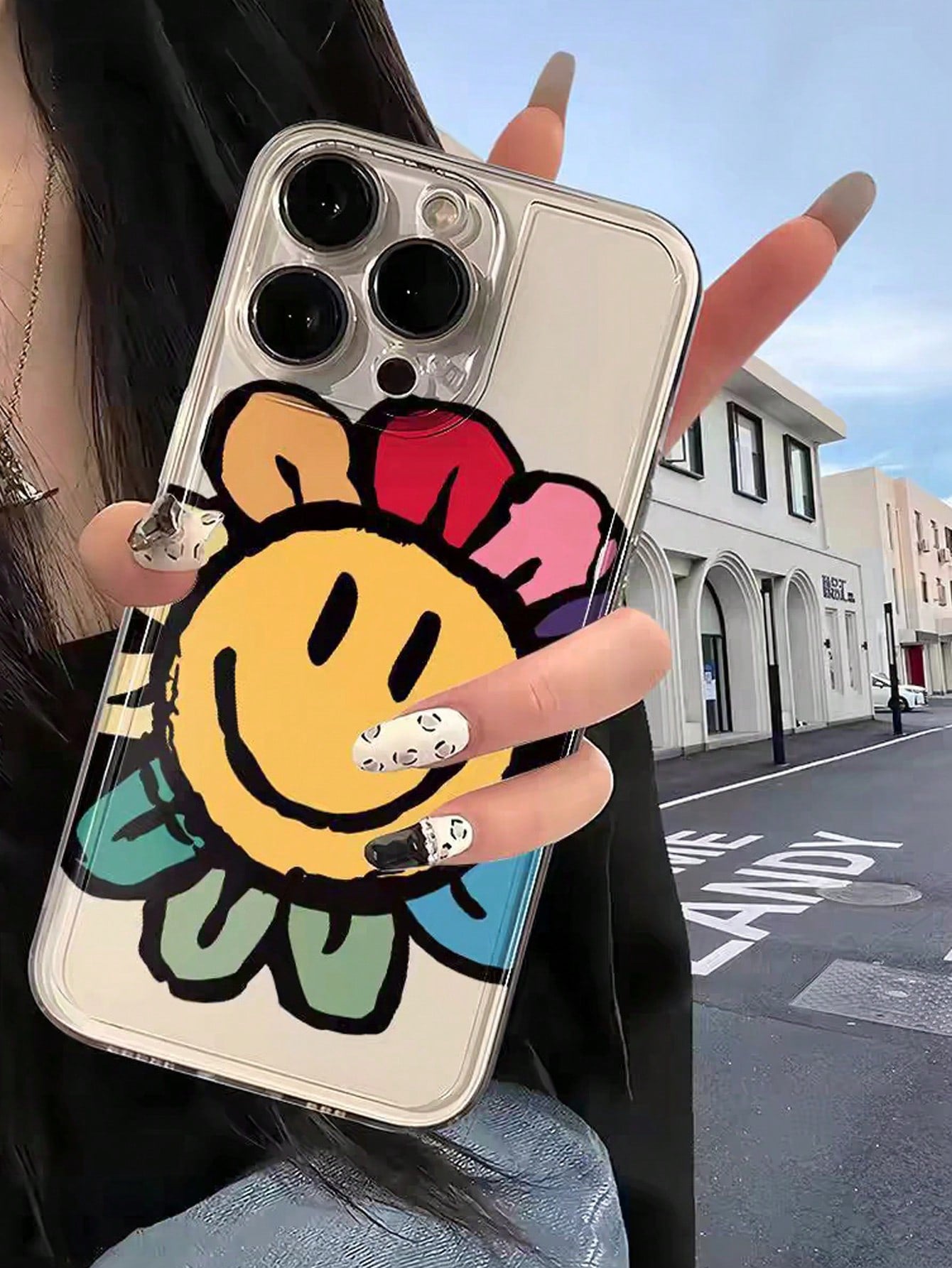 Floral 1pc Cow Pattern IPhone Case With Sun Smile Face Design, Anti-Drop & Precise Cutouts