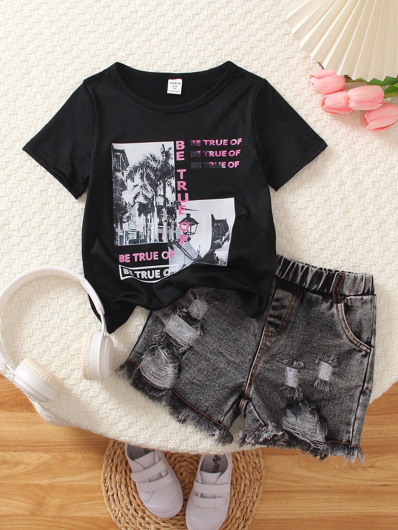 Young Girl Summer Casual Short Sleeve T-Shirt With Graphic Print And Distressed Denim Shorts Outfit Set