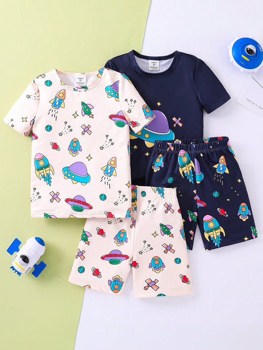 若い男の子の新着デジタルプリント宇宙惑星半袖Tシャツとショーツタイトフィットホームウェア4点/セット