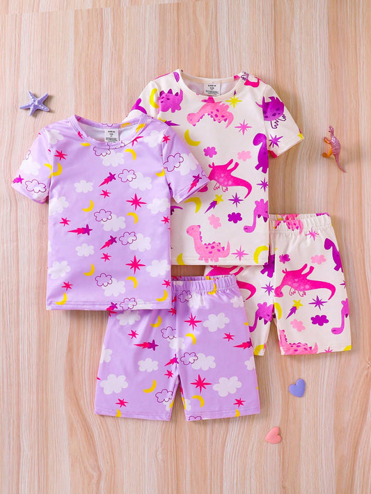 Young Girl Cartoon Dinosaur Sketch And Moon Star Cloud Sketch Print Shorts And Short Sleeve Tight Fitting Two Piece Casual Home Wear Set