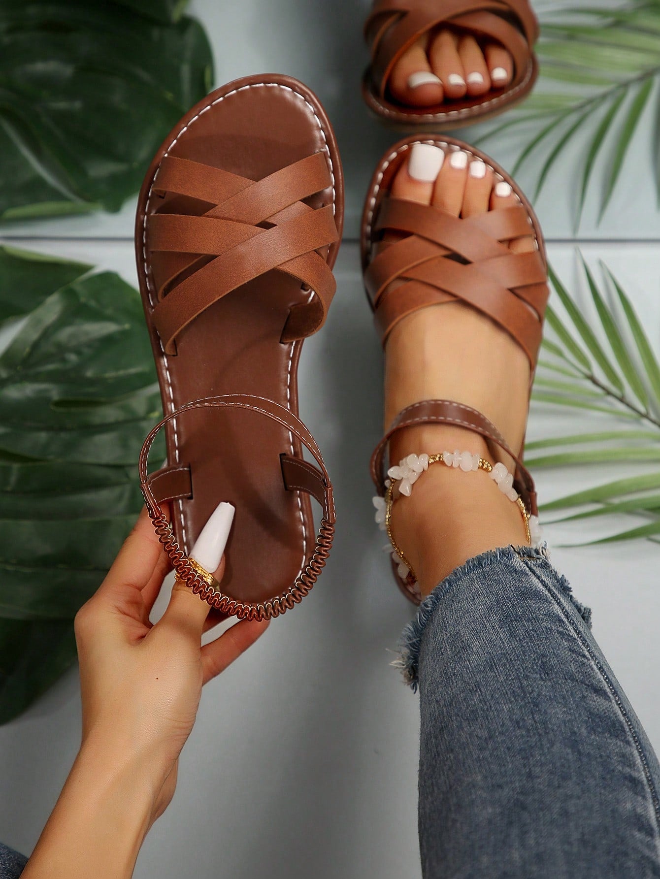 Women's Elegant & Comfortable Strappy Flat Sandals, Fashionable & Simple Outdoor Flat Sandals, A Must-Have Comfortable Sandals For Women