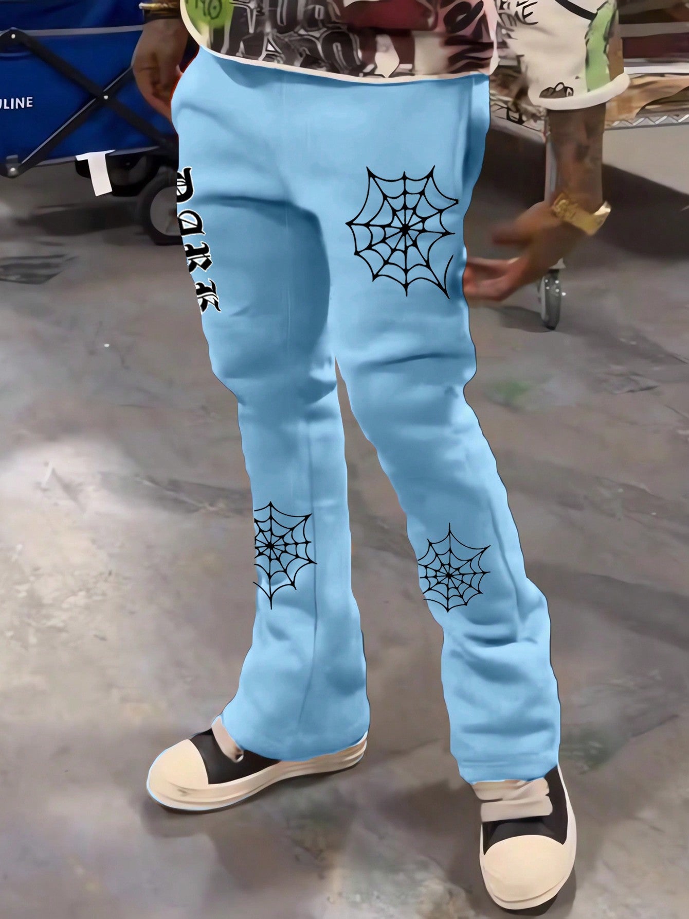 Men's Spider Web Printed Drawstring Sweatpants With Pockets Stack Joggers Graphic Sky Blue Urban Fashion Rapper