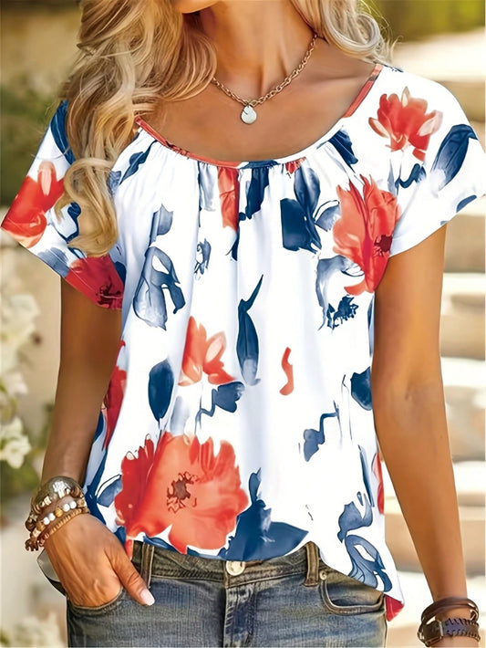 Women Vacation Leisure Floral Print Round Neck Shirt