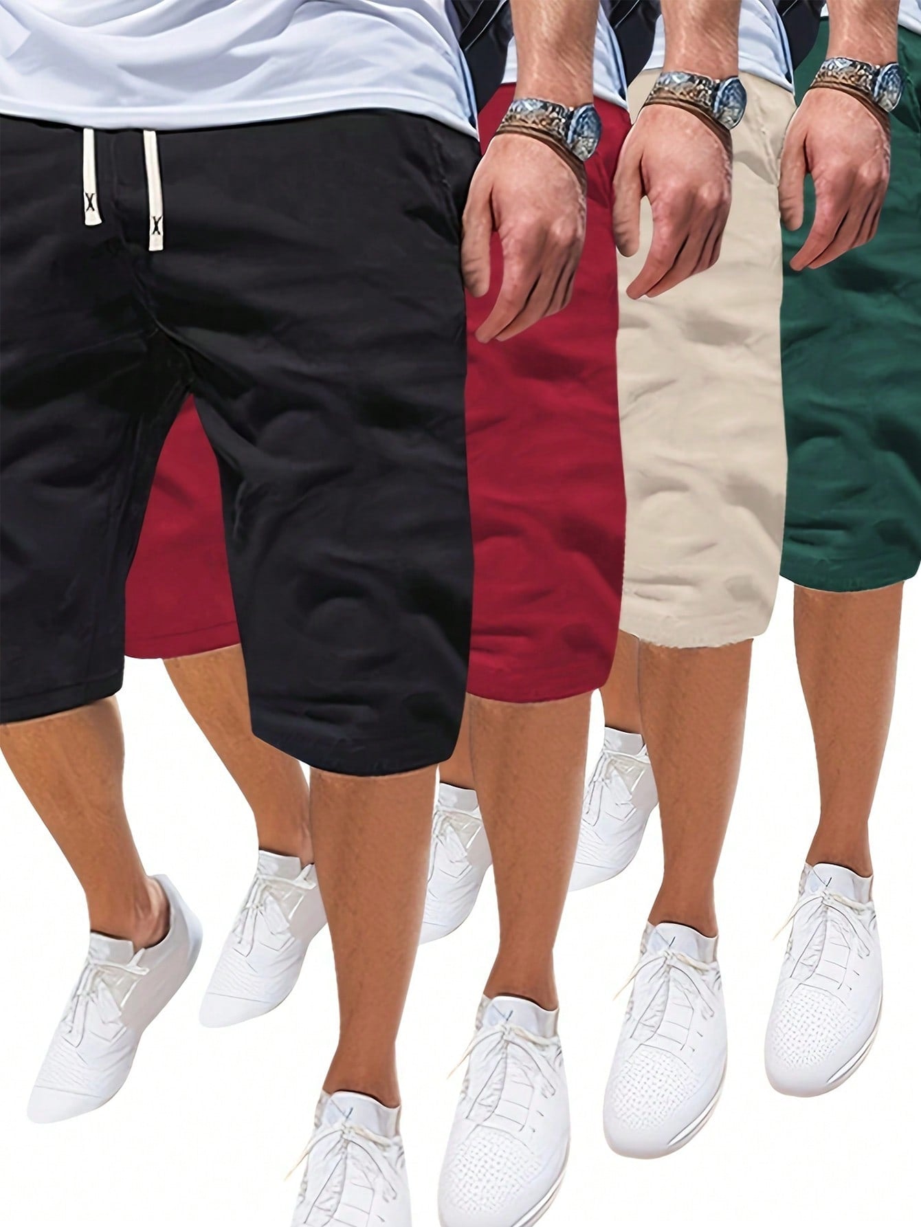 Men 4pcs/Set Summer Solid Color Multiple Pockets Drawstring Beach Casual Sport Running Shorts