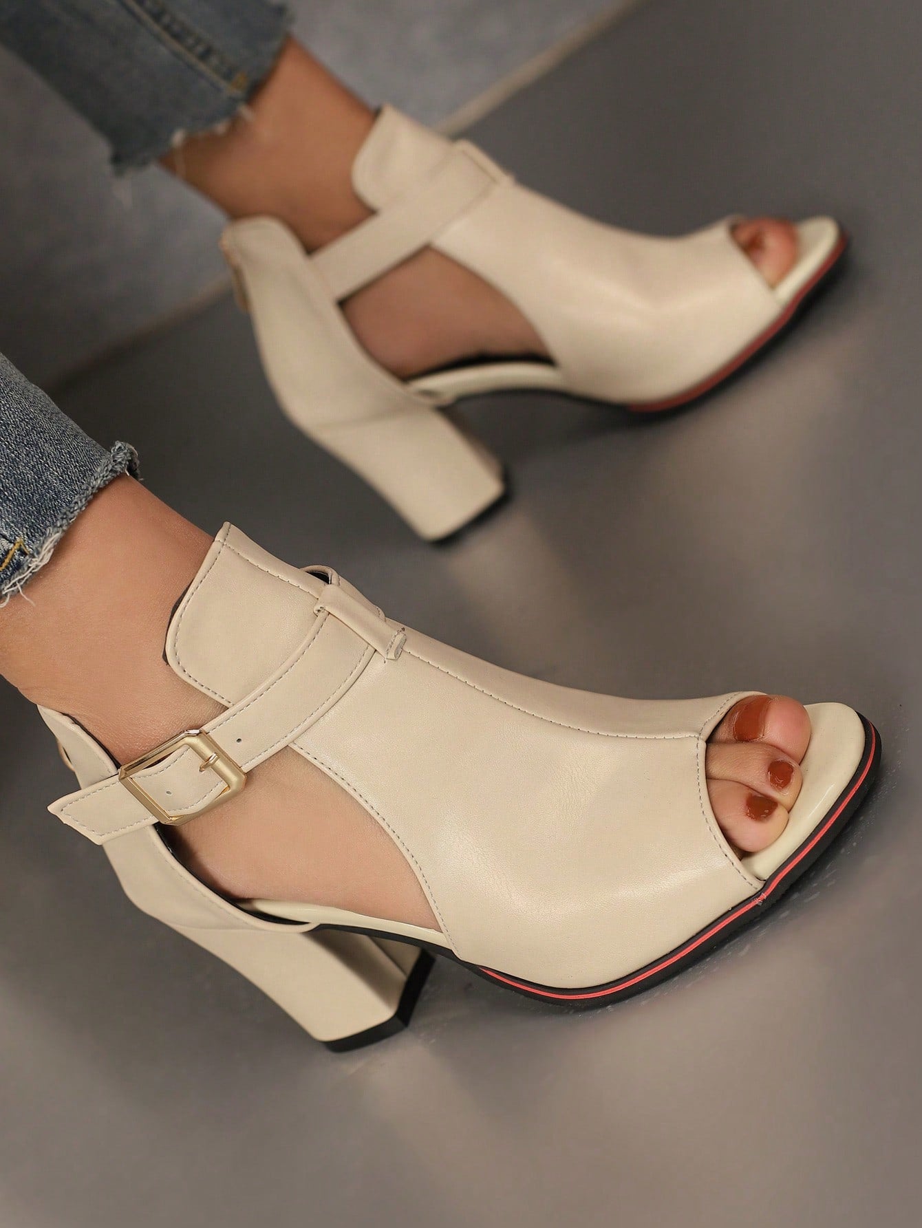 Brown High-Heeled Shoes With Belt Buckle, Suede Material Sandals Booties, High-Top Four Seasons Style Open Toe