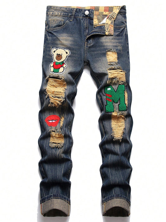 Men Cotton Cartoon & Letter Patched Detail Ripped Frayed Jeans