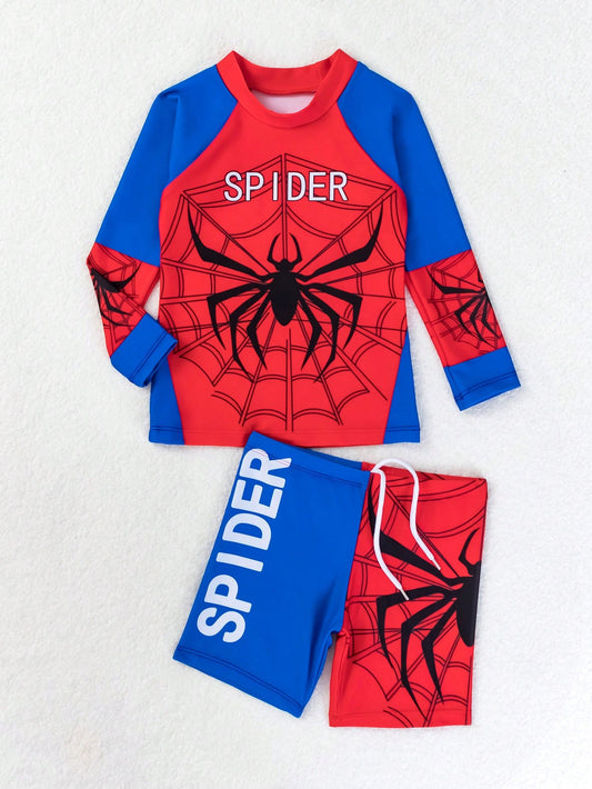 Young Boys' Cute Cartoon Spider Digital Printed Long-Sleeved Separated Swimsuit