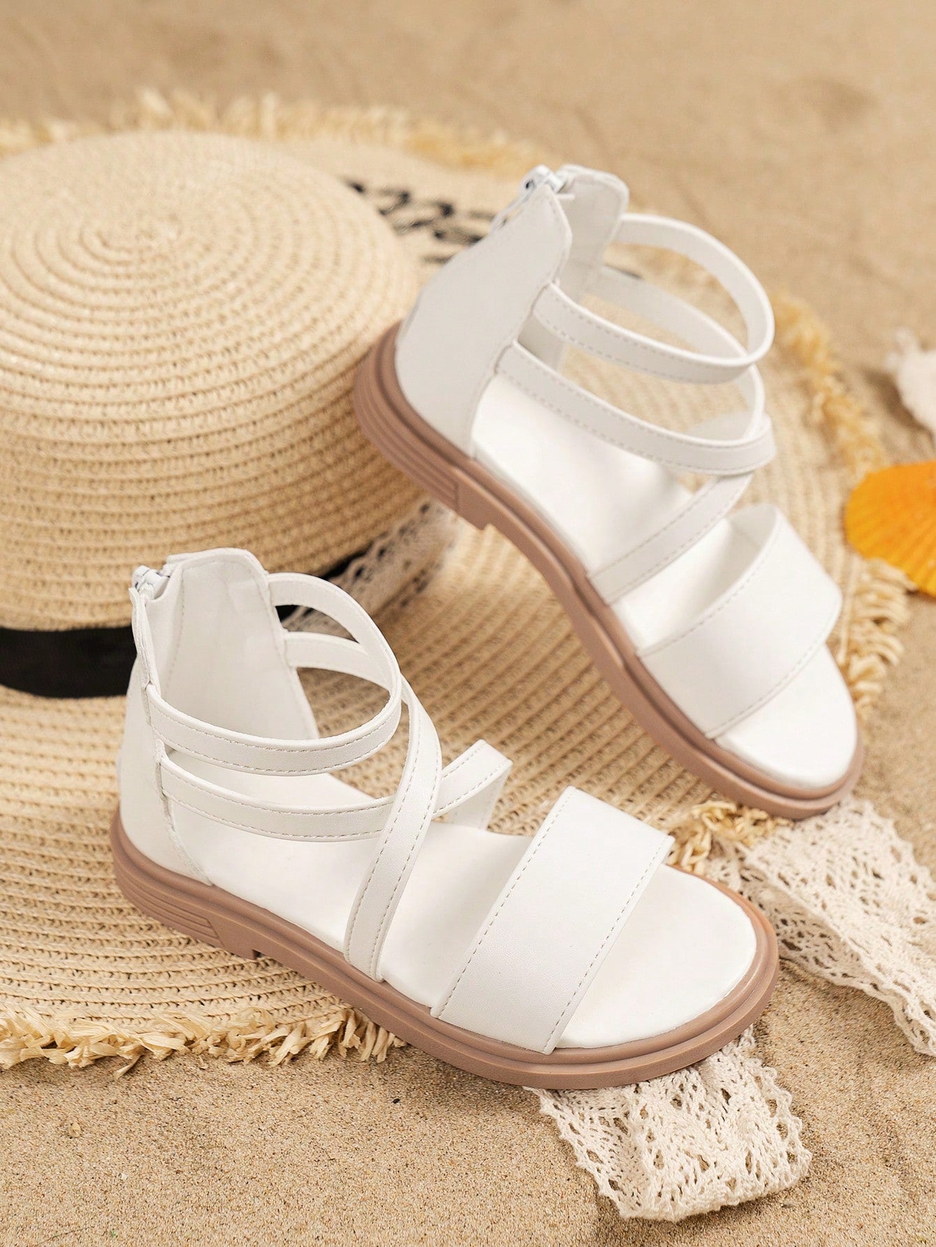 Girls' Roman Flat Sandals With Crisscross Straps, Summer Fashionable Versatile Princess Sandals